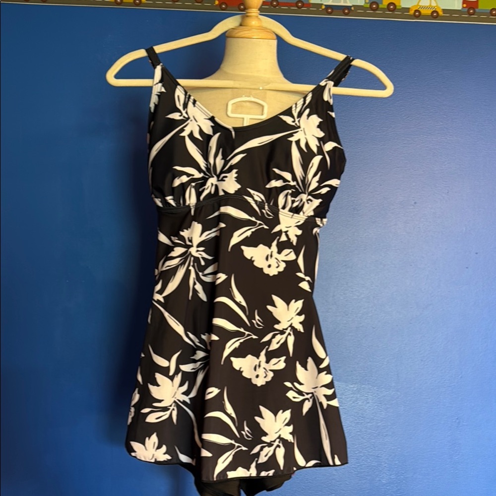 Two Piece Floral Black and White Women's Swim Dress with Black Shorts